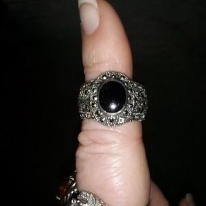 Elegant Black Onyx Marcasite and Sterling Silver Ring